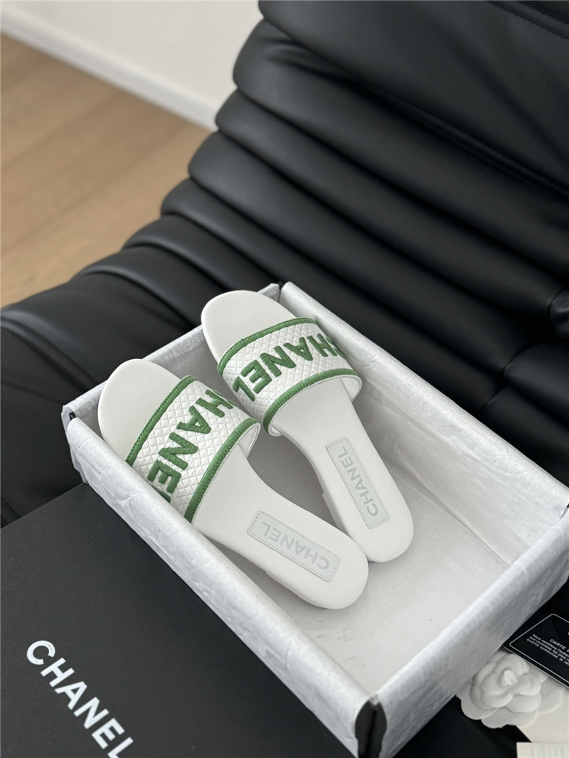 Ch**el woven embroidered logo letter slippers white green