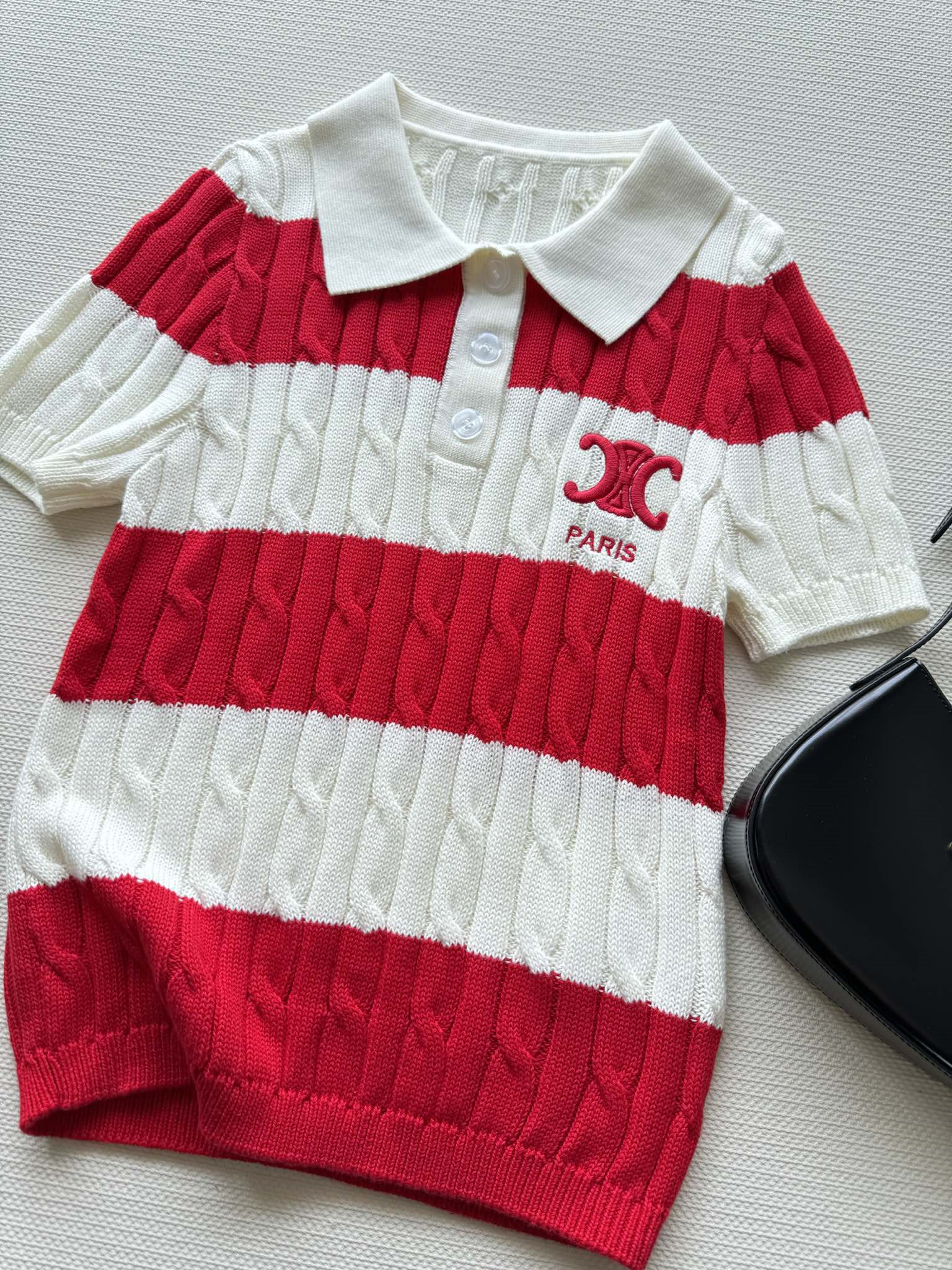 Ce1i*e striped cable-knit polo shirt red