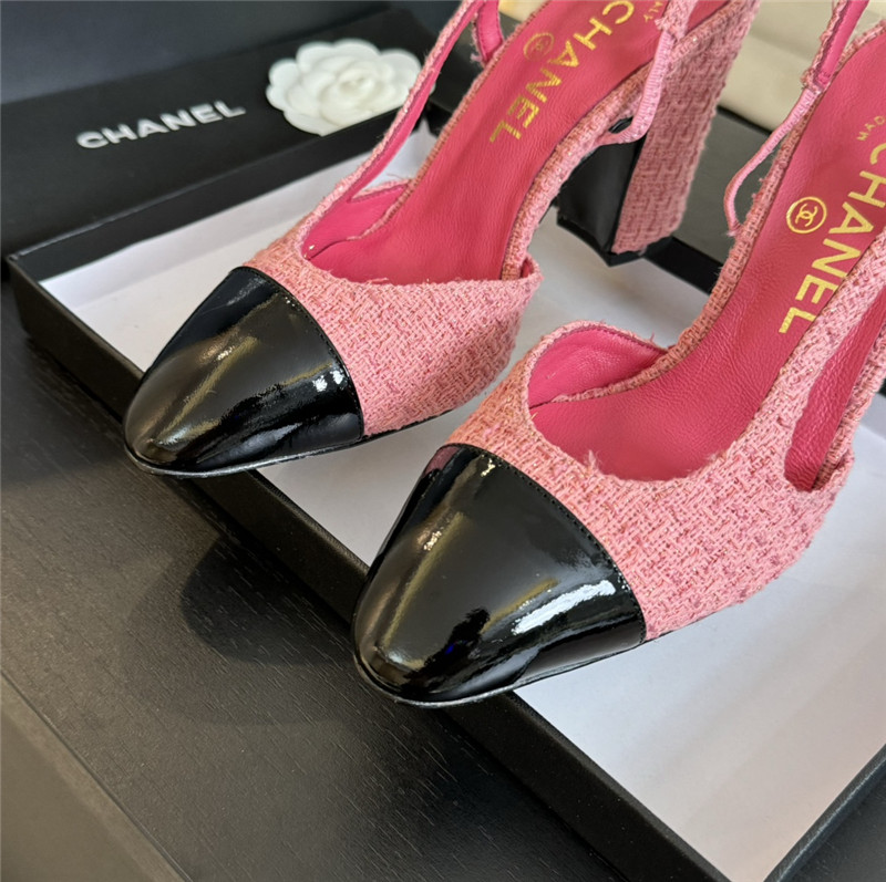 Ch**el slingback sandals in pink tweed and black patent