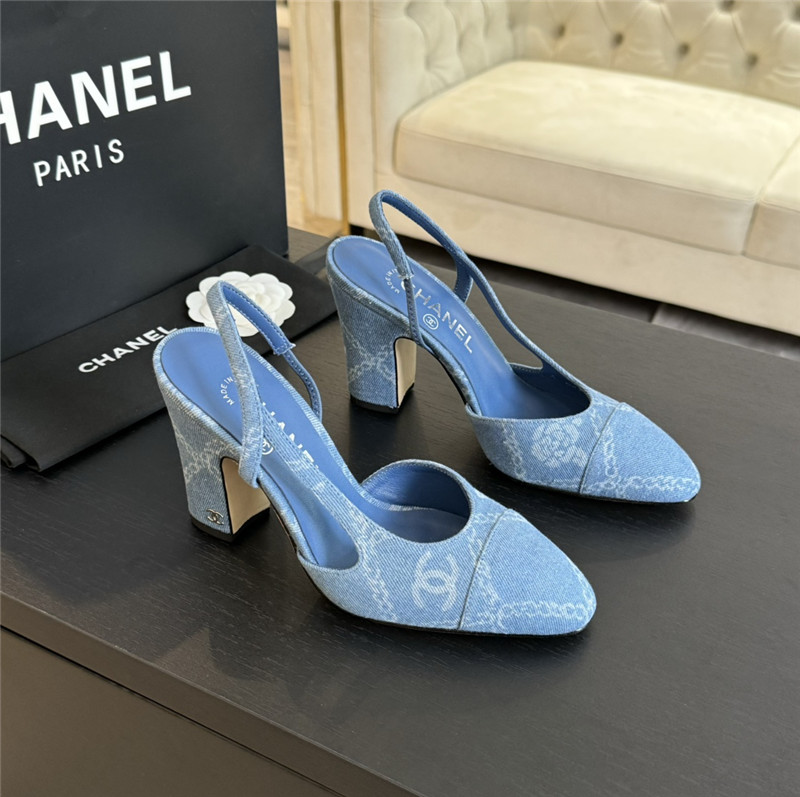 Ch**el slingback sandals in blue printed denim