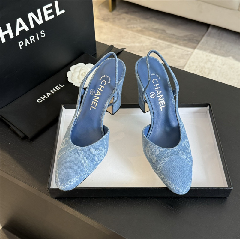 Ch**el slingback sandals in blue printed denim