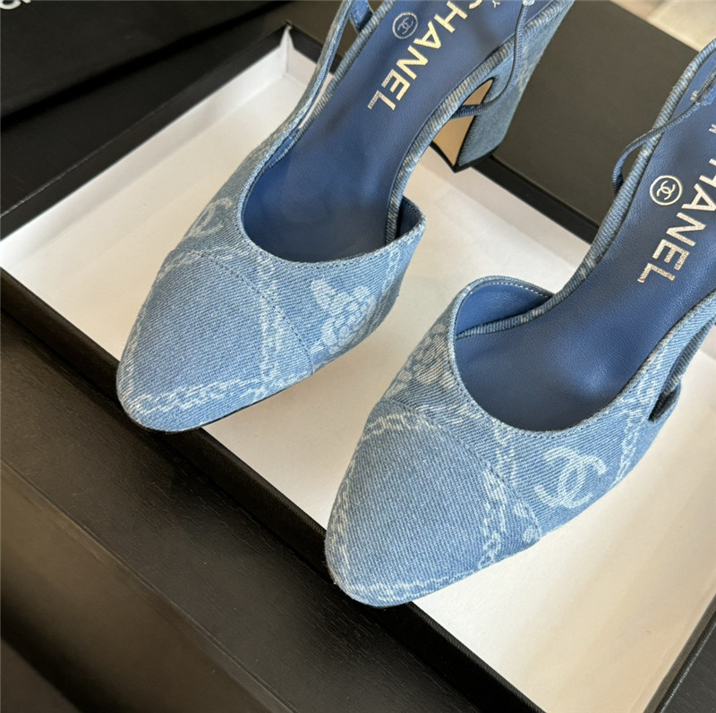Ch**el slingback sandals in blue printed denim