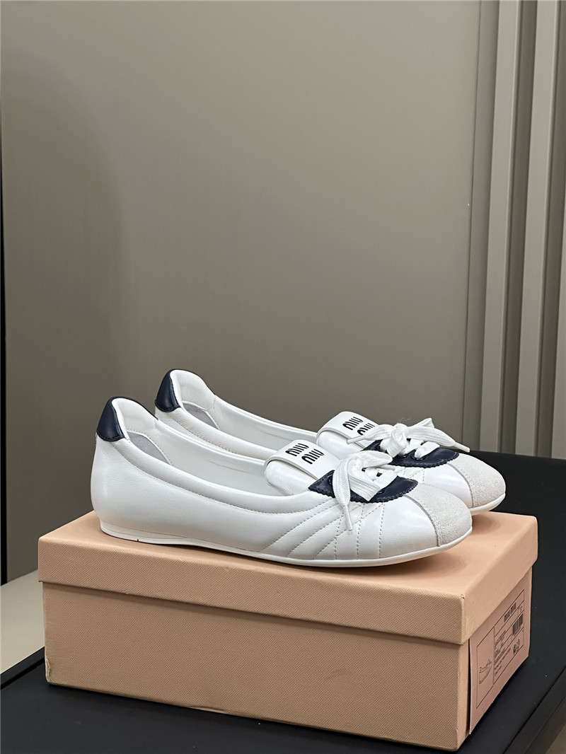 Miu Miu Lace-Up Leather Ballet Flats in White and Navy