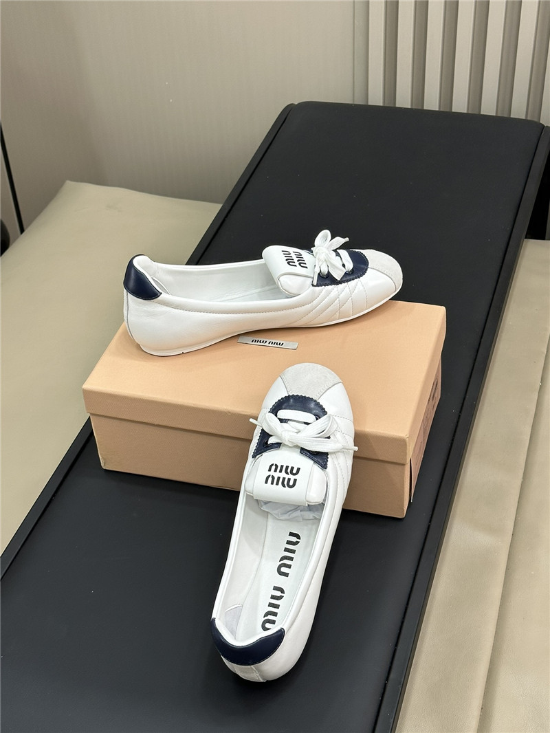 Miu Miu Lace-Up Leather Ballet Flats in White and Navy