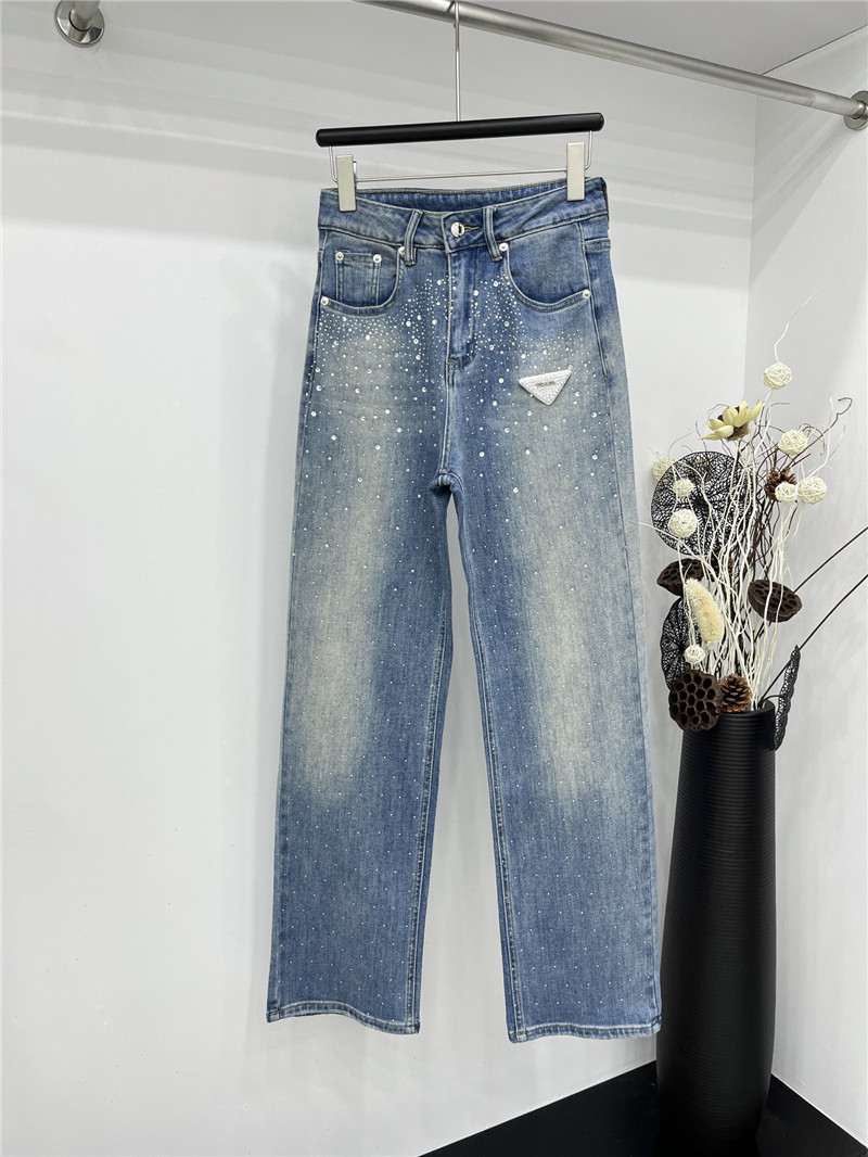 Pra*a classic rhinestone inverted triangle jeans replica clothing