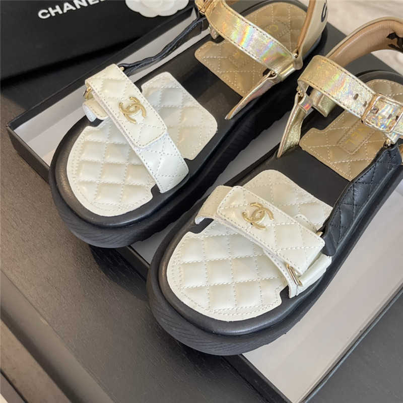 Ch**el quilted beach sandals black and beige leather