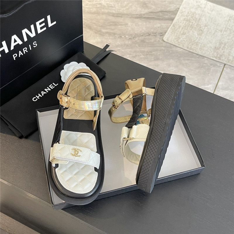 Ch**el quilted beach sandals black and beige leather