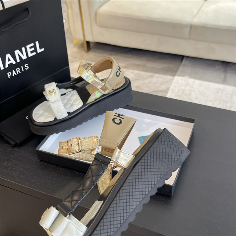 Ch**el quilted beach sandals black and beige leather