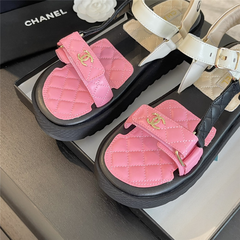 Ch**el quilted beach sandals black and pink leather