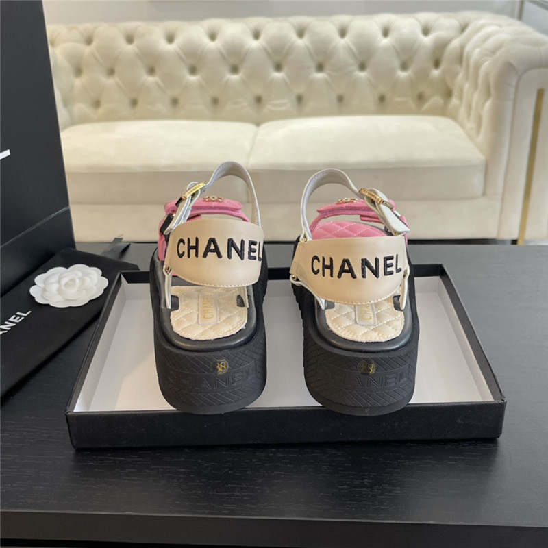 Ch**el quilted beach sandals black and pink leather