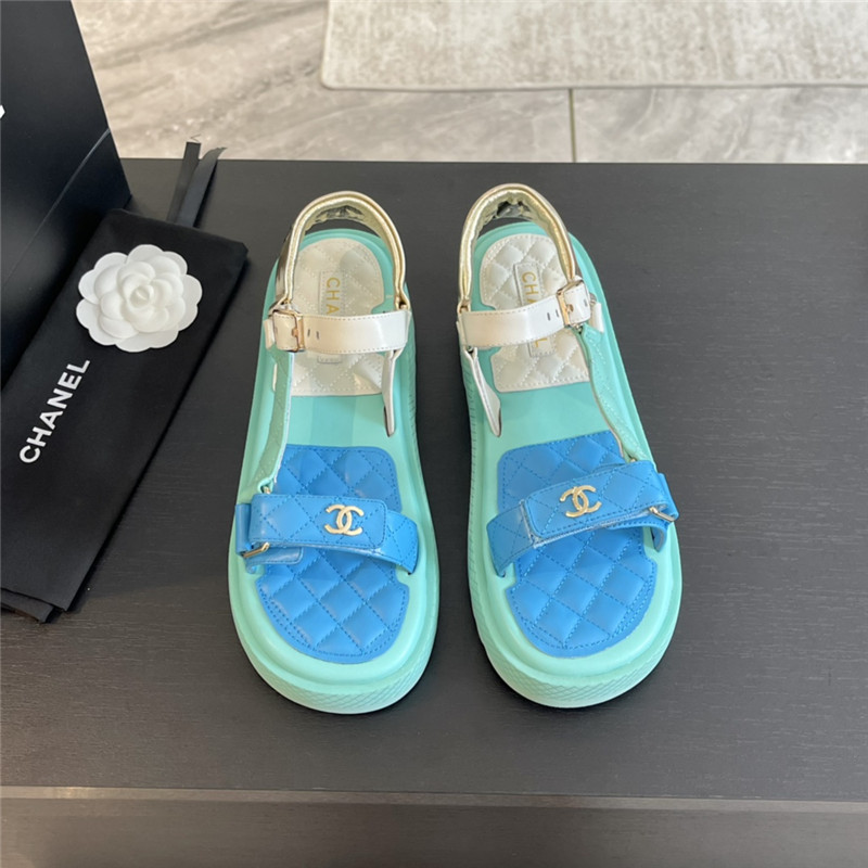 Ch**el quilted beach sandals green and blue leather