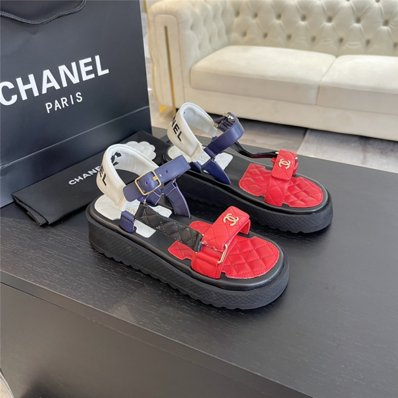 Ch**el quilted beach sandals black and red leather