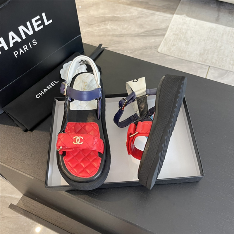 Ch**el quilted beach sandals black and red leather