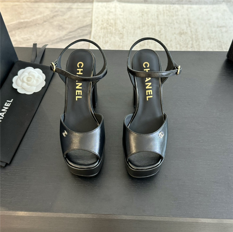 ch**el black calfskin S*per heel platform sandals