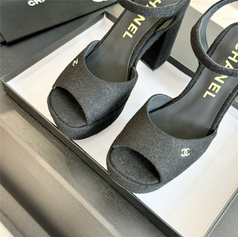 Ch**el black wool wedge platform sandals