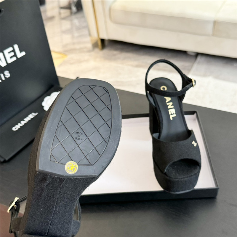 Ch**el black wool wedge platform sandals