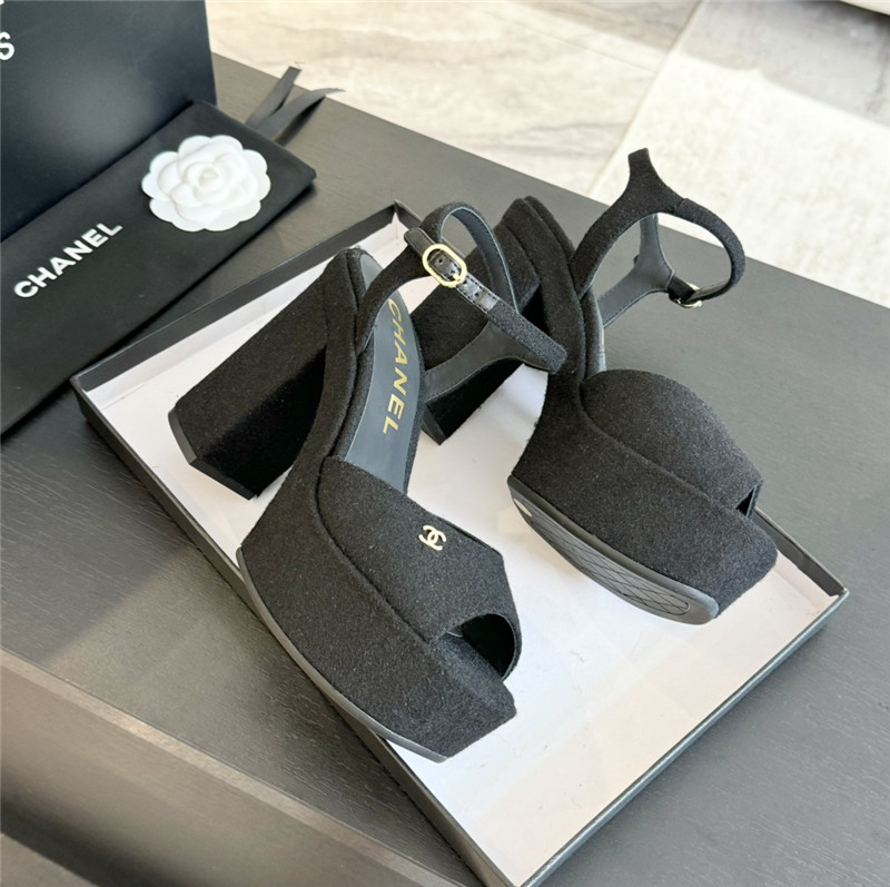 Ch**el black wool wedge platform sandals