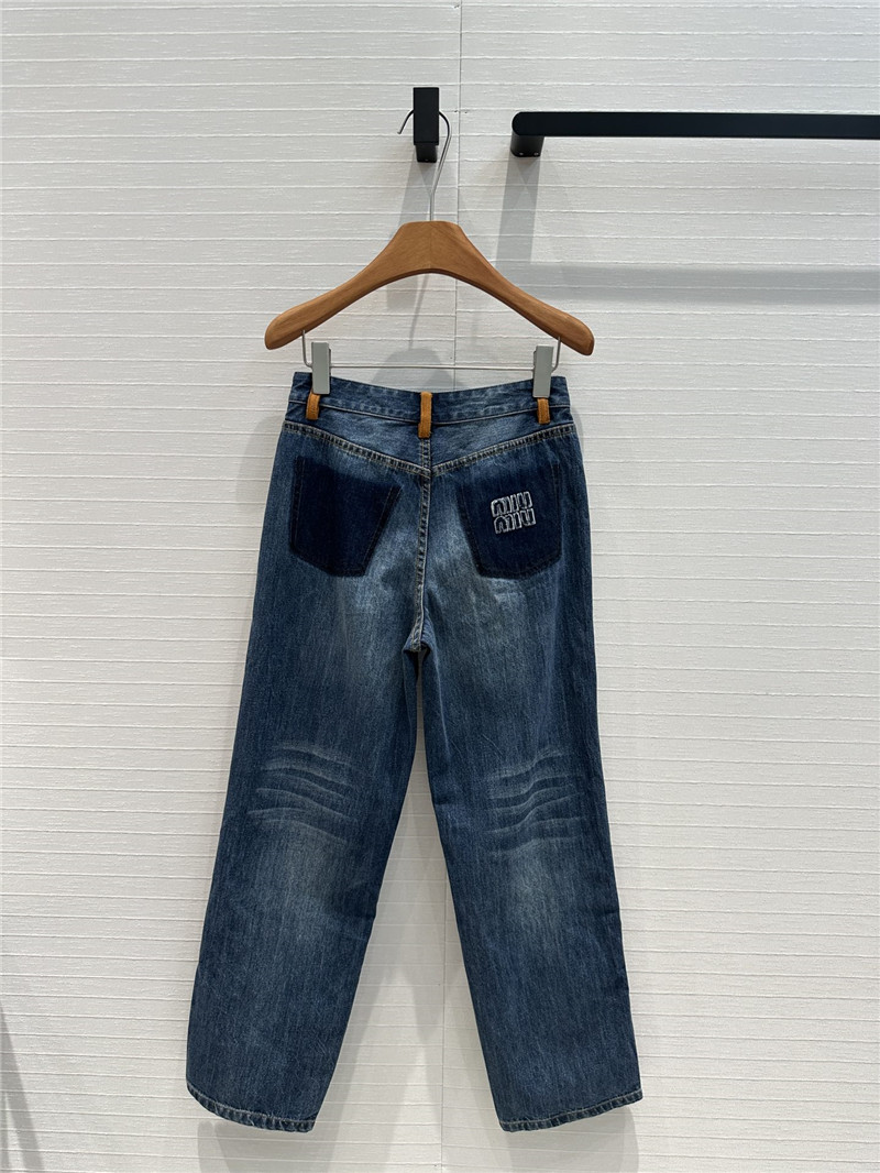 M1um1u contrast color suede hem denim trousers replica clothes
