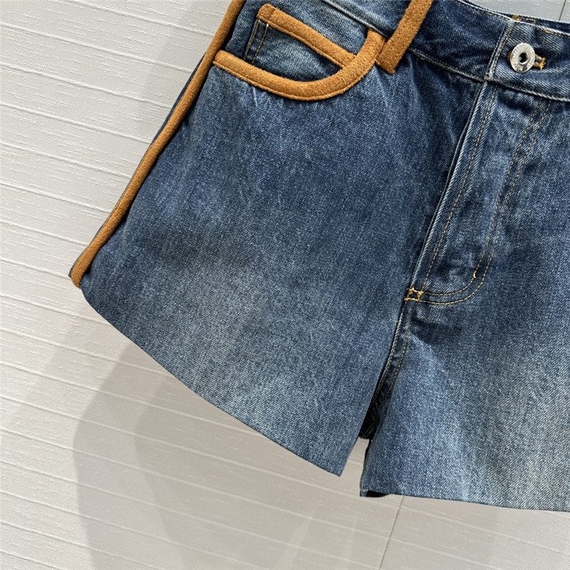 M1um1u contrast color suede hem denim shorts replicas clothes