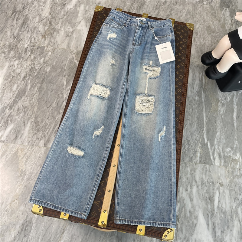 Ch**el cat embroidered ripped jeans replica clothes