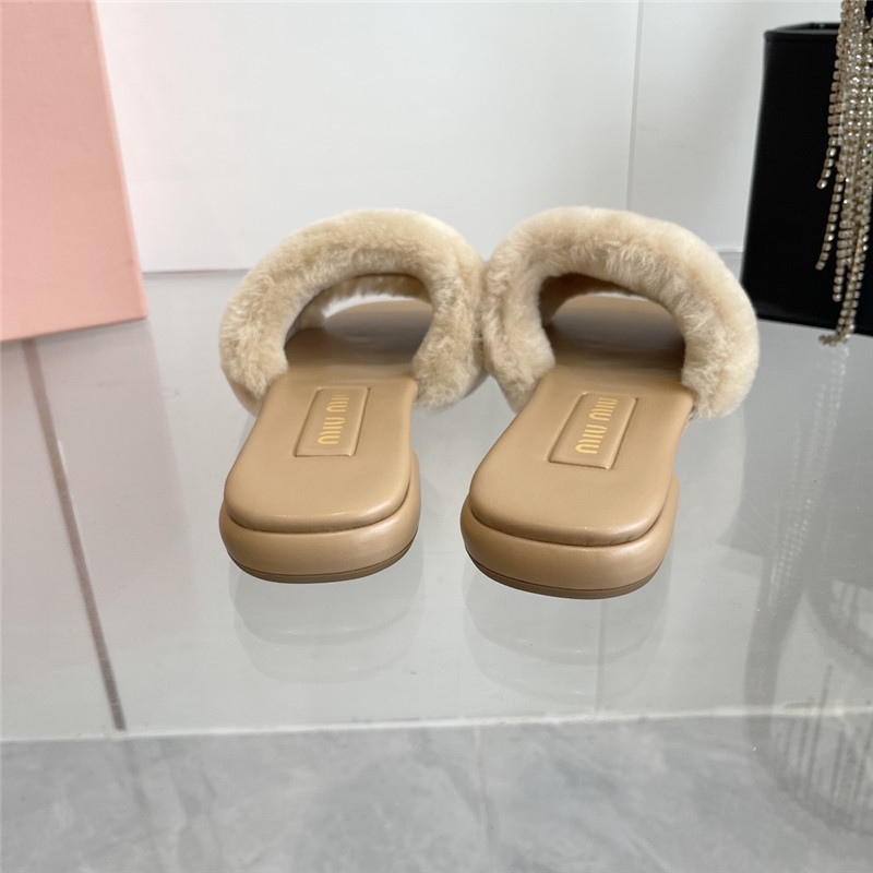 Miu Miu Beige Matelassé Fur Slides with Metal Lettering