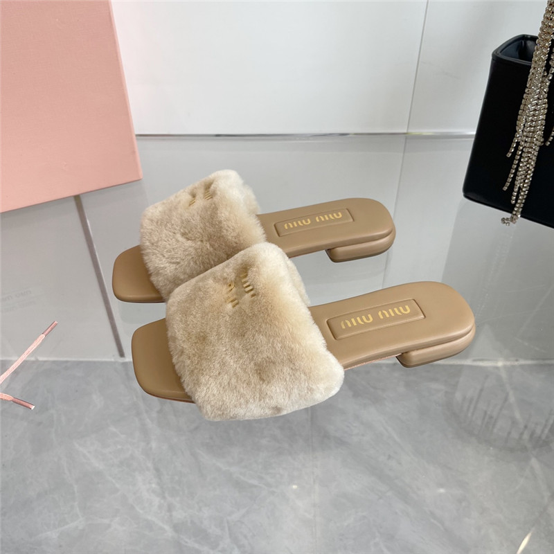 Miu Miu Beige Matelassé Fur Slides with Metal Lettering