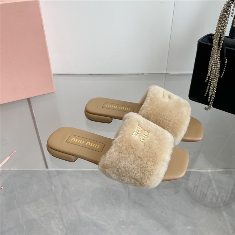 Miu Miu Beige Matelassé Fur Slides with Metal Lettering