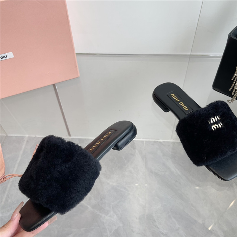 Miu Miu Black Matelassé Fur Slides with Metal Lettering