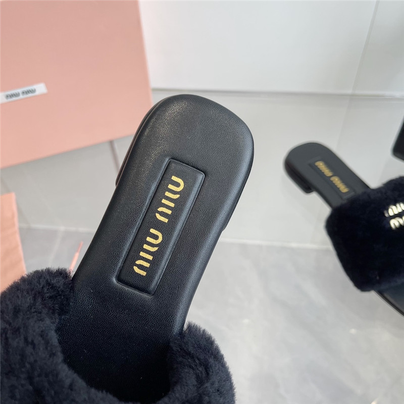 Miu Miu Black Matelassé Fur Slides with Metal Lettering