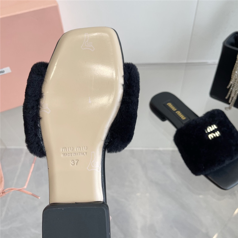 Miu Miu Black Matelassé Fur Slides with Metal Lettering