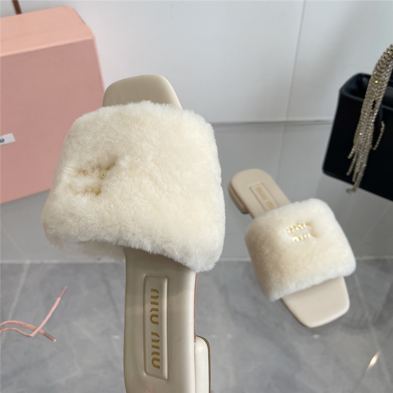 Miu Miu Ivory Matelassé Fur Slides with Metal Lettering