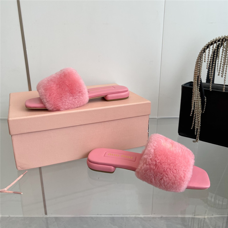 Miu Miu Pink Matelassé Fur Slides with Metal Lettering