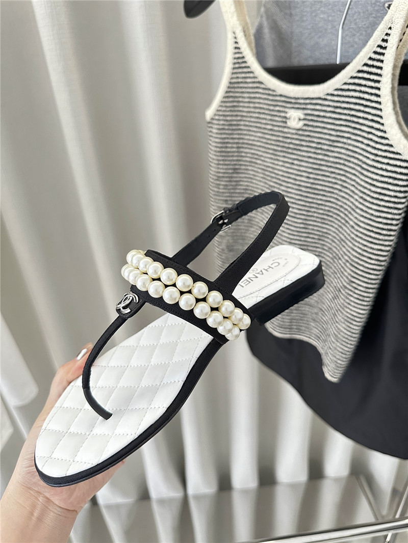 Ch**el quilted t-strap pearls flat sandals white