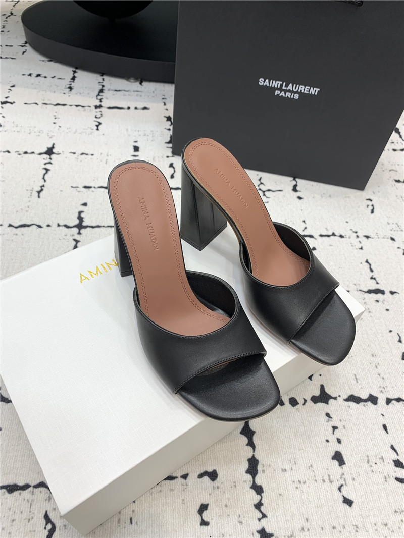 Amina Muaddi Brigitte Black Leather Block Heel Slippers