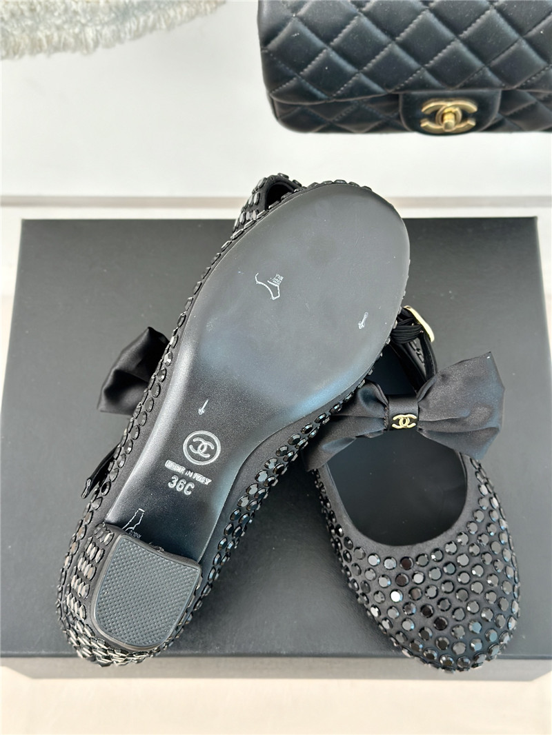 Ch**el bow mary jane sandals in black satin and studs