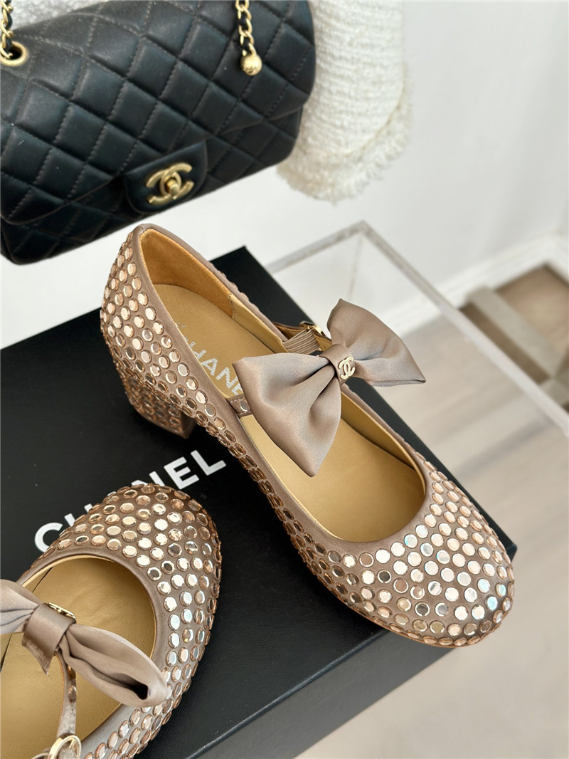 Ch**el bow mary jane sandals beige satin with studs