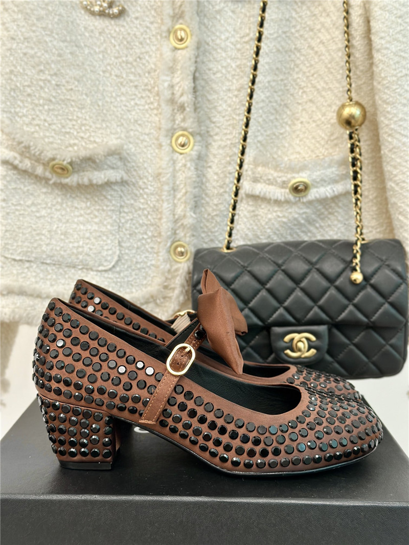 Ch**el bow mary jane sandals brown satin with studs
