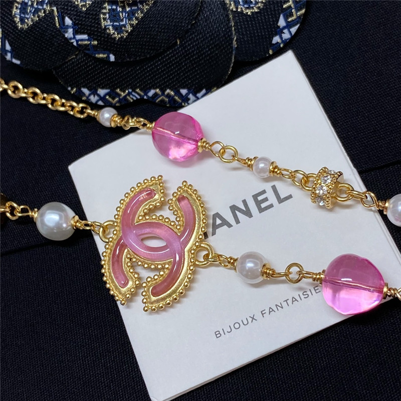 Ch**el pink crystal glass double c pearl long necklace