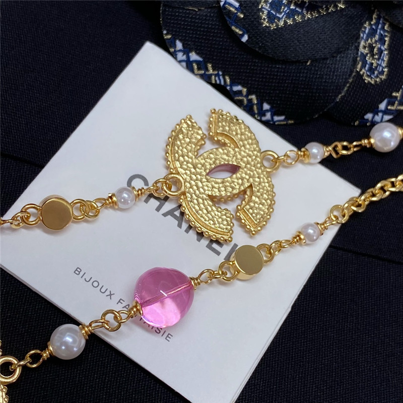 Ch**el pink crystal glass double c pearl long necklace