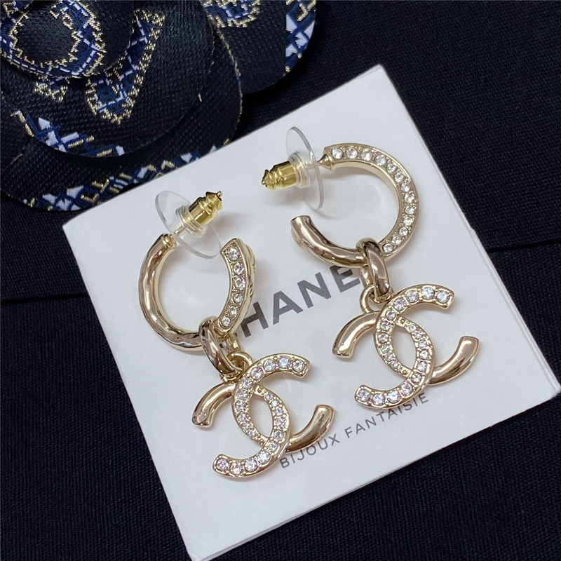 Ch**el gold double c rhinestone double earrings