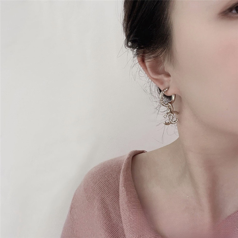 Ch**el gold double c rhinestone double earrings