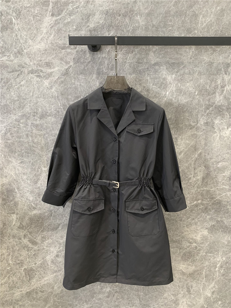 Pra*a lapel belt buckle waist sleeve shirt dress replicas clothes