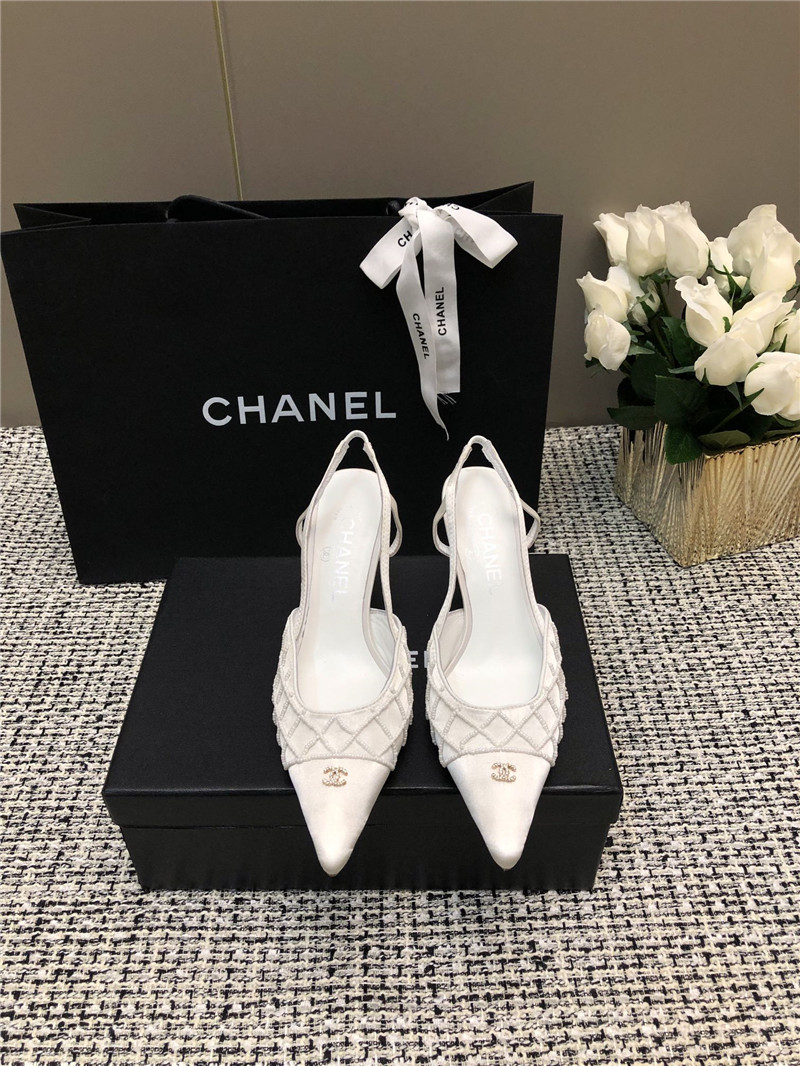 Ch**el white satin beaded slingback pumps