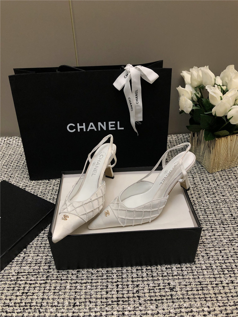 Ch**el white satin beaded slingback pumps