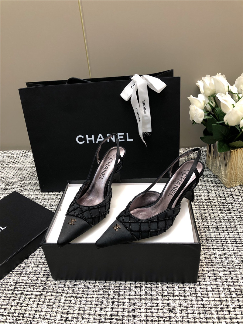 Ch**el black satin beaded slingback pumps