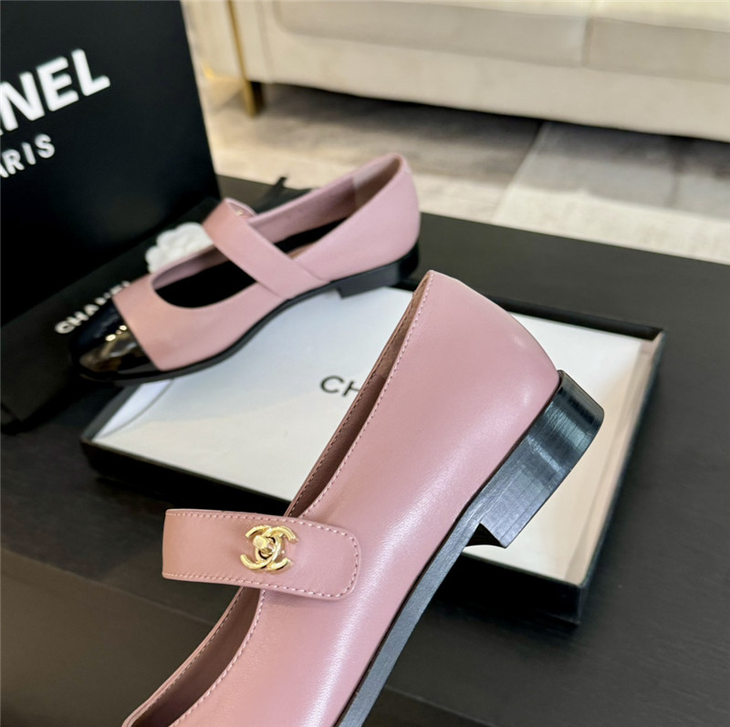 Ch**el gold interlock mary janes in pink and black calfskin
