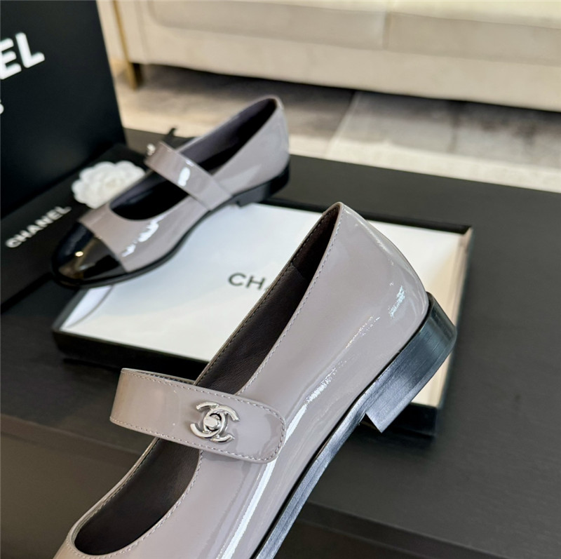 Ch**el silver interlock mary janes in grey patent calfskin