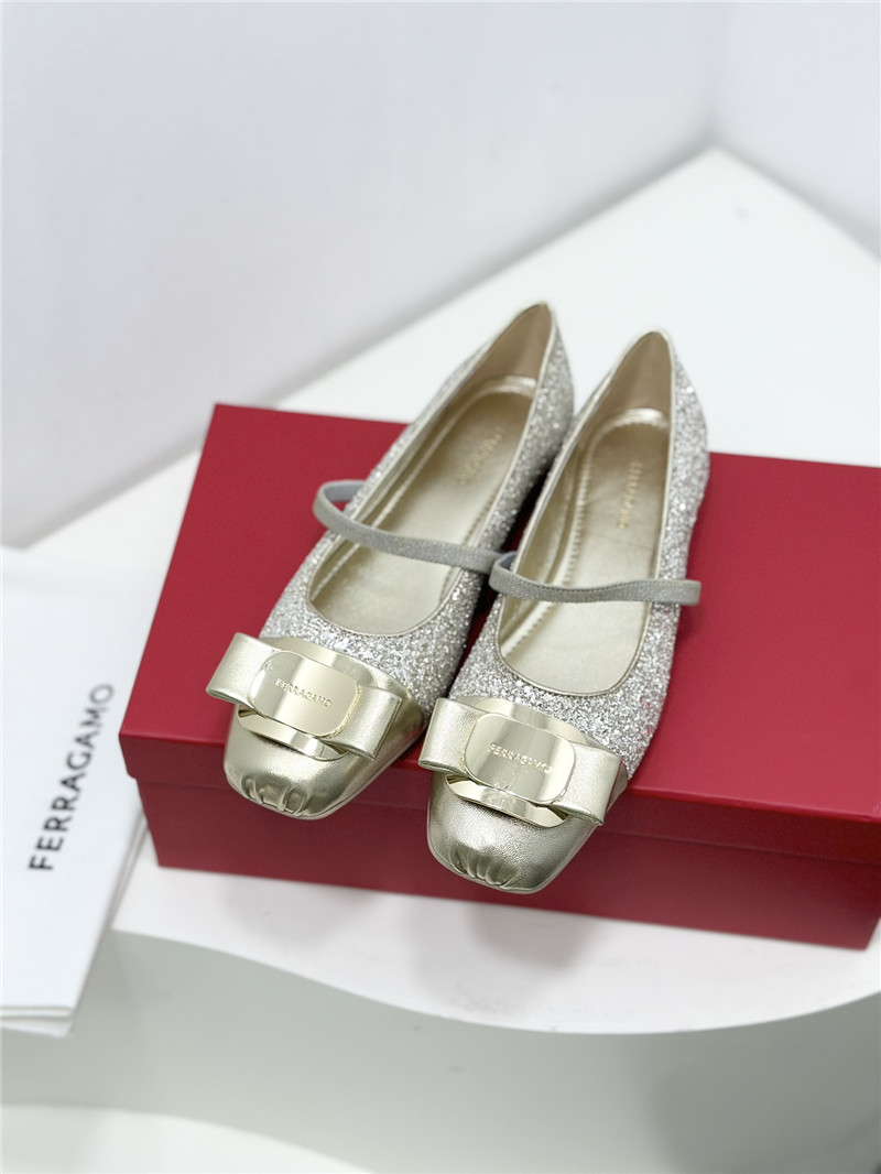 Ferragamo New Vara Plate Ballet Flat Silver Silk and Glitters