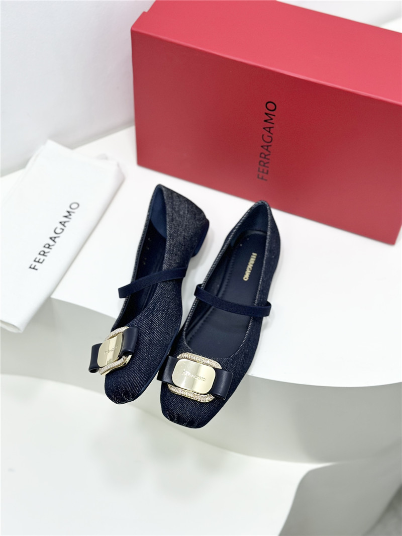Ferragamo New Vara Plate Ballet Flat Navy Blue Fabric