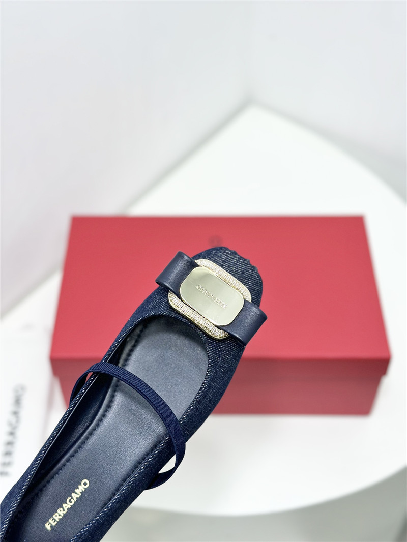 Ferragamo New Vara Plate Ballet Flat Navy Blue Fabric